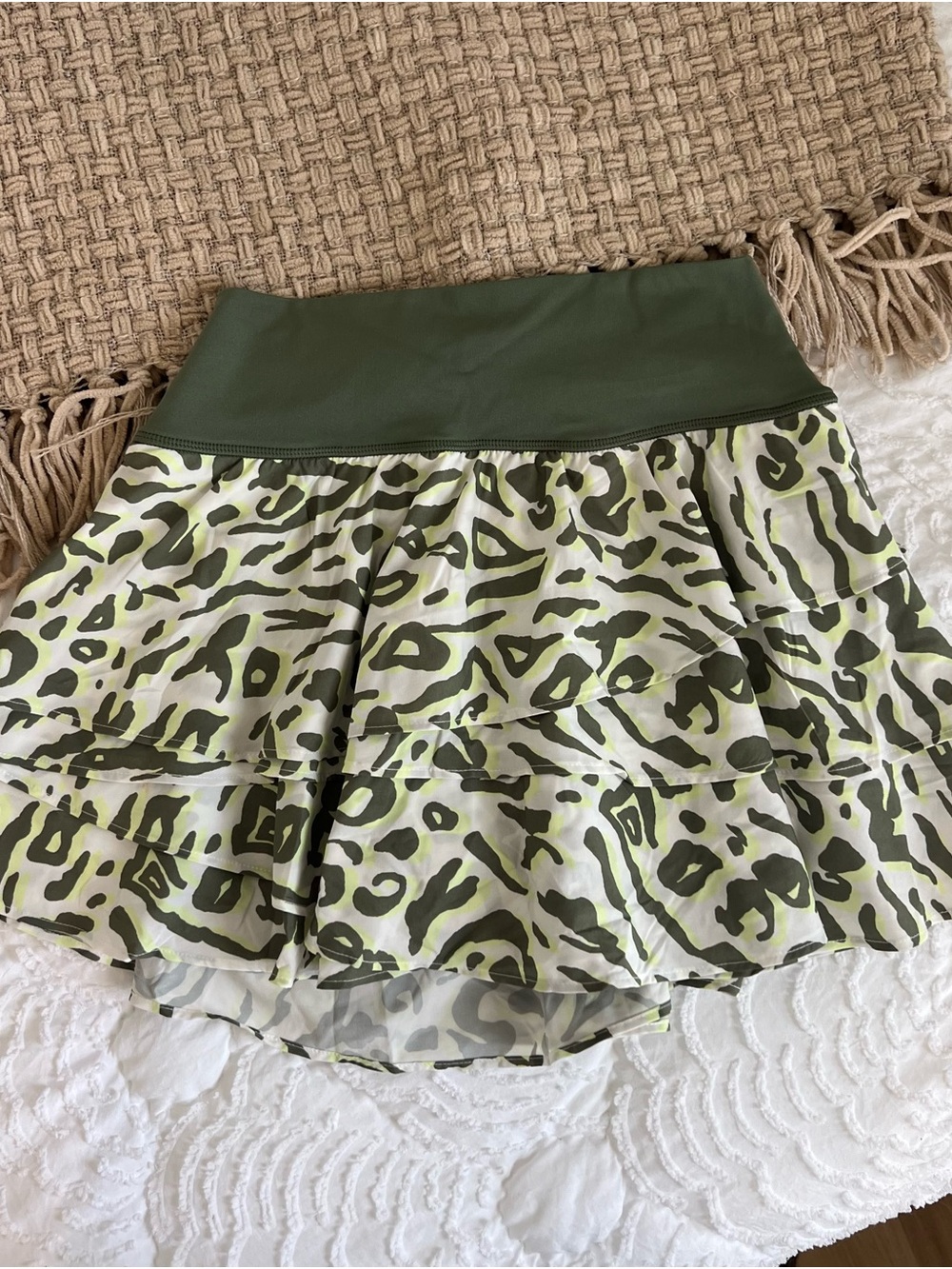 Tiered Olive Green Animal-Print Skater Skirt with Stretch Waistband